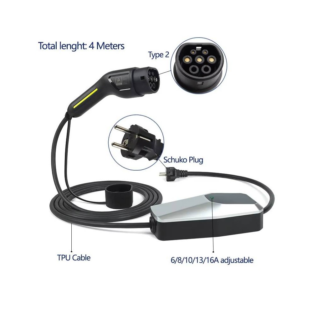 Schuko - Type 2 EV Charging Cable | 6A-16A | 3.6kW | 4 Meters | IP56 | LED Display | 1-Button Timer Function Schuko - Type 2 EV Charging Cable | 6A-16A | 3.6kW | 4 Meters | IP56 | LED Display | 1-Button Timer Function