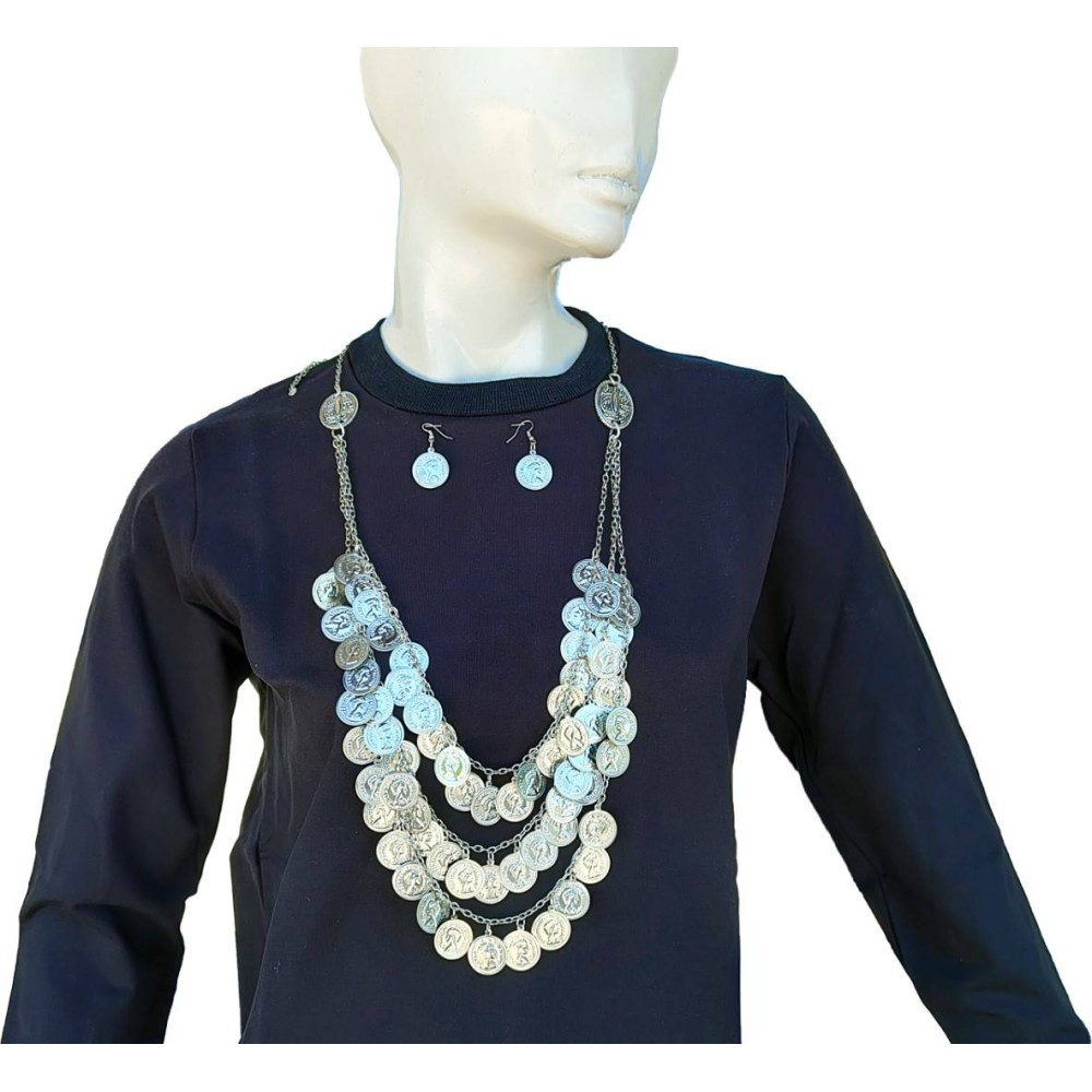 Traditional Necklace with 64 Silver-Colored Coins, Earrings & Clasps – Folk Costume Jewelry