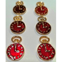 Set of 6 Small Decorative Metal Clocks – Burgundy with Gold Roman Numerals (3cm)