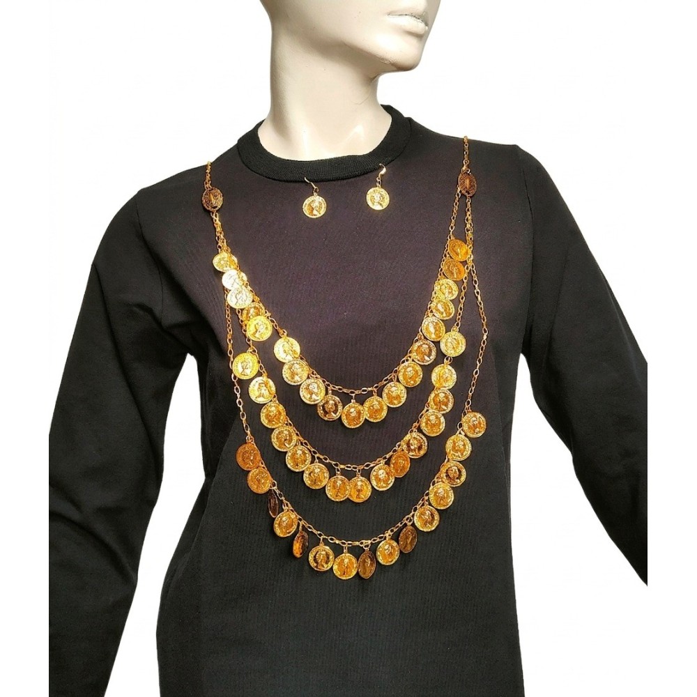 Traditional Gold-Plated Coin Necklace Set with 49 Coins, Earrings & Clasps – Folk Costume Accessory