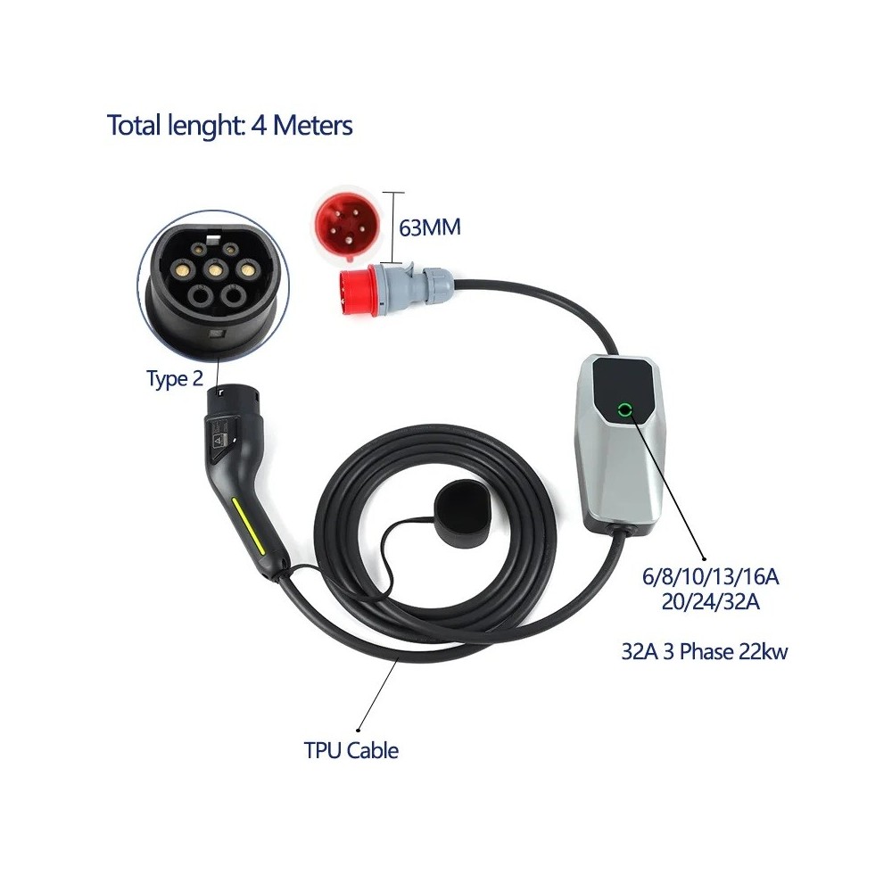 Portable EV Charger 22kW 32A 3-Phase Type 2 5 Meters